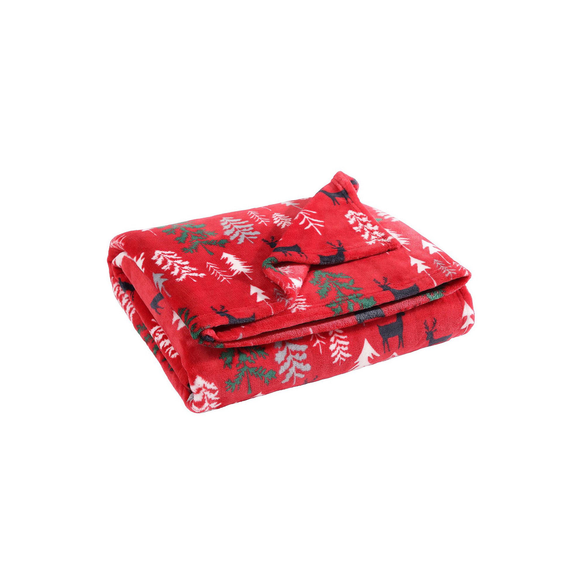 Eddie Bauer Deer & Woods Print Plush Fleece Throw Blanket, Red