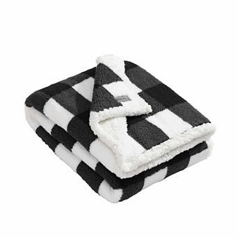 Eddie Bauer Cabin Black & White Oversized Plaid Print Sherpa Throw Blanket