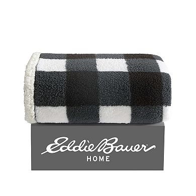 Eddie Bauer Cabin Black & White Oversized Plaid Print Sherpa Throw Blanket
