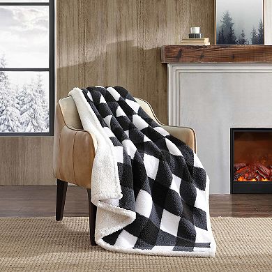 Eddie Bauer Cabin Black & White Oversized Plaid Print Sherpa Throw Blanket