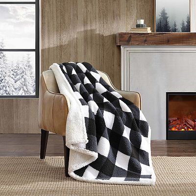Eddie Bauer Cabin Black White Oversized Plaid Print Sherpa Throw