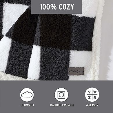 Eddie Bauer Cabin Black & White Oversized Plaid Print Sherpa Throw Blanket