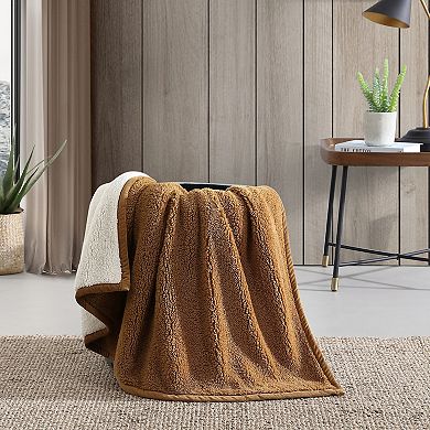 Eddie Bauer Solid Brown & White Reversible Sherpa Throw Blanket