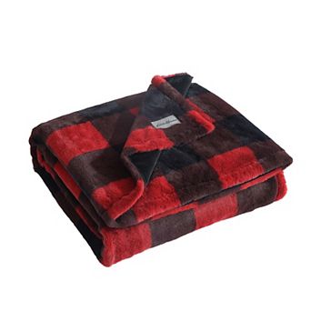 Eddie Bauer Cabin Buffalo Check Red Faux Fur Throw Blanket