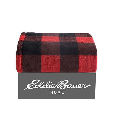 Eddie Bauer Cabin Buffalo Check Red Faux Fur Throw Blanket