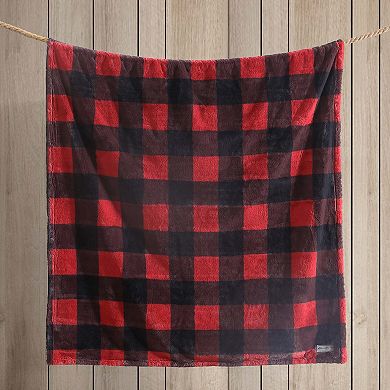 Eddie Bauer Cabin Buffalo Check Red Faux Fur Throw Blanket