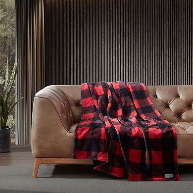 Eddie Bauer Cabin Buffalo Check Red Faux Fur Throw Blanket
