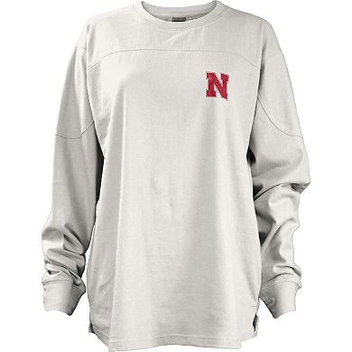 Women's Pressbox White Nebraska Huskers Pennant Stack Oversized Long Sleeve T-Shirt
