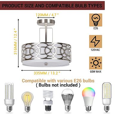 3-Light  14.5“  Drum Semi Flushmount , Brushed Nickel