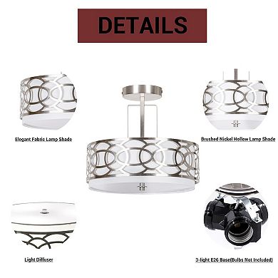 3-Light  14.5“  Drum Semi Flushmount , Brushed Nickel