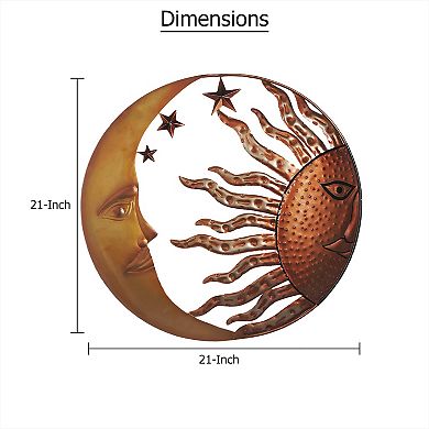 21 Inch Handcrafted Sun and Moon Accent Wall Decor, Round Metal Wall Mount, Rustic Gold, Bronze