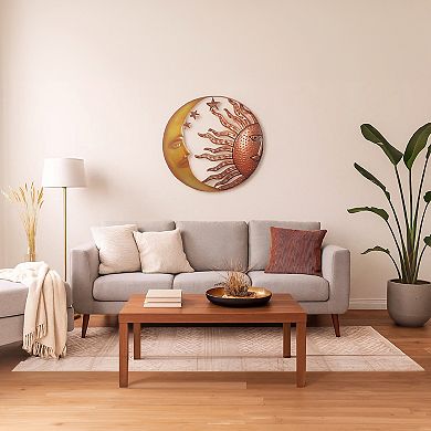 21 Inch Handcrafted Sun and Moon Accent Wall Decor, Round Metal Wall Mount, Rustic Gold, Bronze