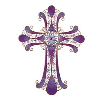 FC Design 16"H Decorative Purple Wall Cross with Copper and Germ Religious Statue Home Decoration Figurine
