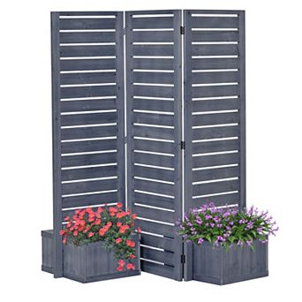Freestanding Outdoor Privacy Screen, 4 Self-Draining Planters, Gray