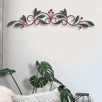 32 Inch Olive Branch Metal Wall Decor, Green And Brown