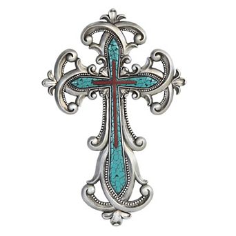 FC Design 16"H Decorative Wall Cross with Turquoise Religious Statue Home Decoration Figurine