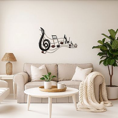 26 Inch Handmade Metal Wall Mount Accent Decor with Musical Notes and Treble Clef, Black, Red