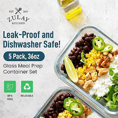 Zulay Kitchen 5 Pack Leak-Proof Glass Food Storage Containers 
