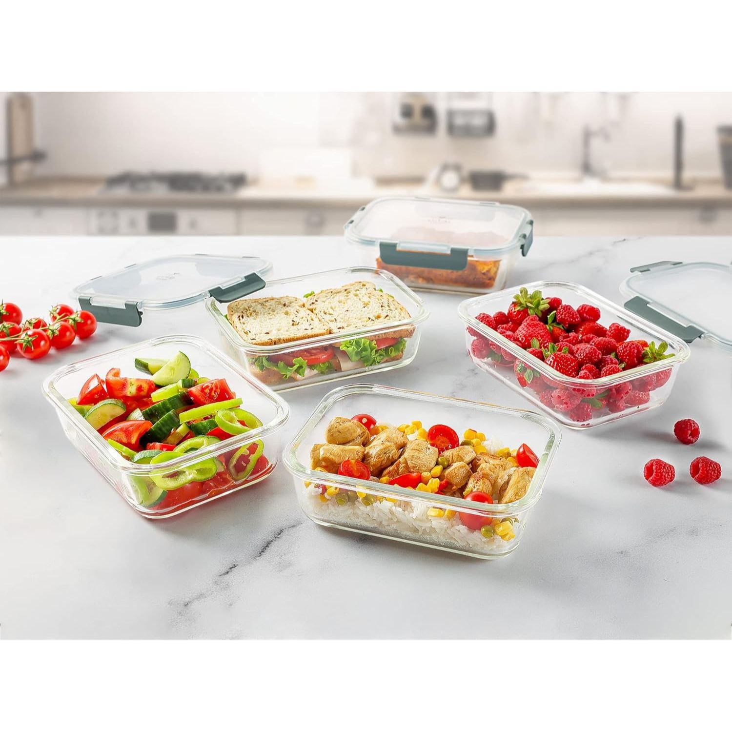 Zulay Kitchen - 5 Pack Airtight Premium Borosilicate Glass Food Storage Containers with Lids - Thumbnail 2
