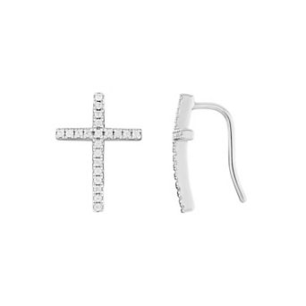 PRIMROSE Sterling Silver Pave Cubic Zirconia Cross Threader Earrings