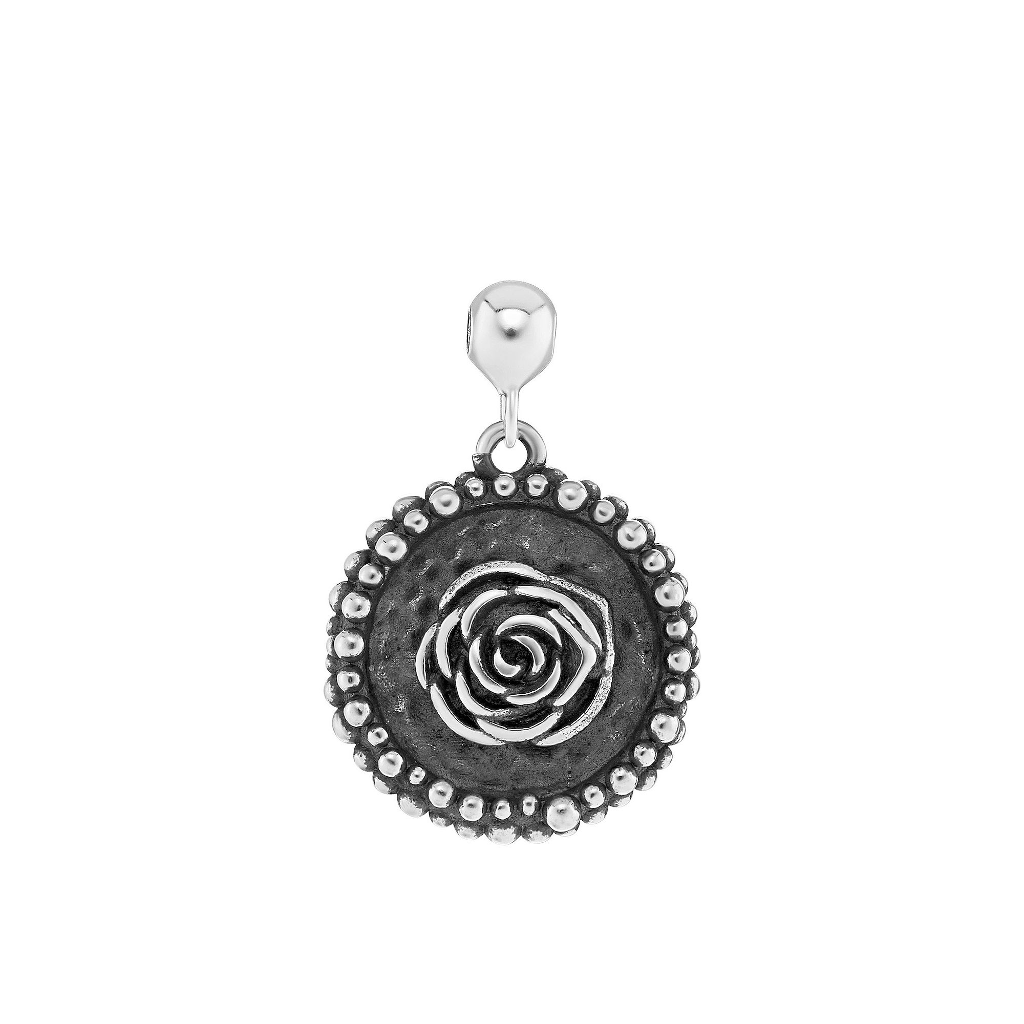 PRIMROSE Sterling Silver Polished Oxidized Rose Disc Sliding Charm, Womens