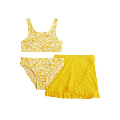 Girls 4-16 Breaking Waves 3-Piece Top, Bottoms & Mesh Ruffle Cover-Up Skirt Swim Set