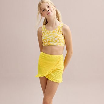 Girls 4-16 Breaking Waves 3 pc Top, Bottoms & Mesh Ruffle Cover-Up Skirt Swim Set