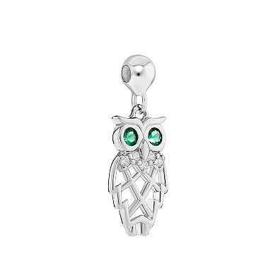 PRIMROSE Sterling Silver Polished Cubic Zirconia & Green Spinel Owl Sliding Charm