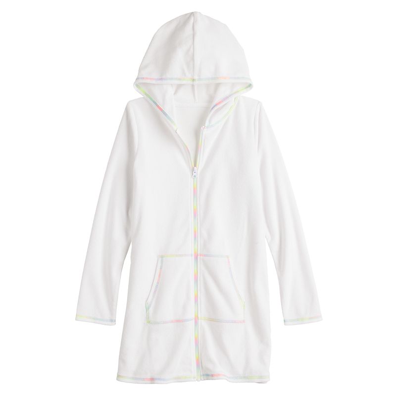 Girls 4-18 Breaking Waves Long Sleeve Terry Swimsuit Cover-Up in Regular & Plus Size, Girl's, Size: 12, White