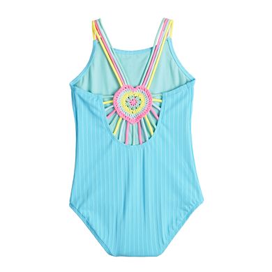 Girls 4-16 Breaking Waves High Neck One-Piece Swimsuit with Macrame Heart Back