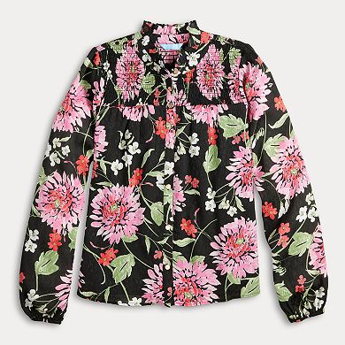 Women's Draper James Long Sleeve Smocked Button-Up Floral Print Top