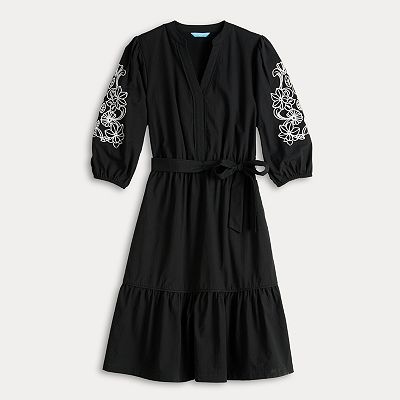 Women's Draper James Embroidered Puff Sleeves Tie Waist V-Neck Dress