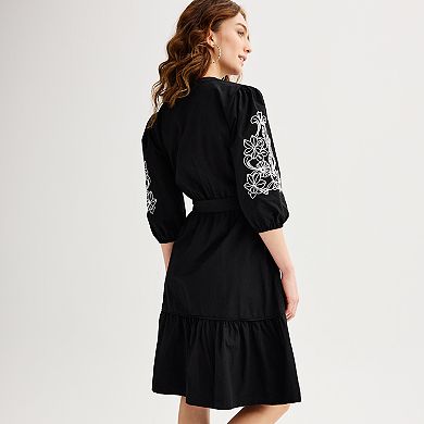 Women's Draper James Embroidered Puff Sleeves Tie Waist V-Neck Dress