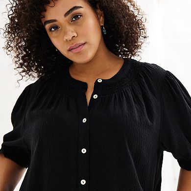 Plus Size Draper James Short Sleeve Button Front Smocked Top