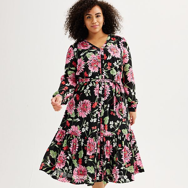Plus Size Draper James Floral Long Sleeve Tie Waist Tiered Midi Dress