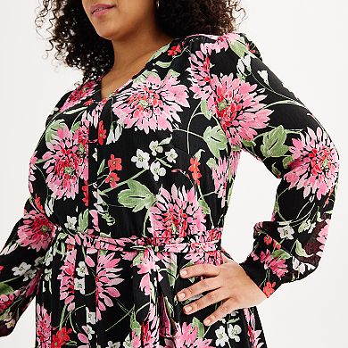 Plus Size Draper James Floral Long Sleeve Tie Waist Tiered Midi Dress