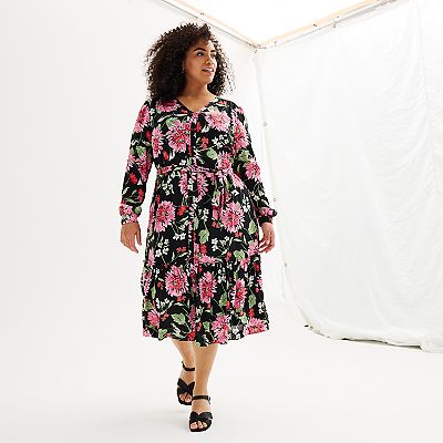 Plus Size Draper James Floral Long Sleeve Tie Waist Tiered Midi Dress