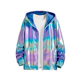Jacket for Men Zip up Hooded Metallic Lightweight Holographic Shiny Jackets