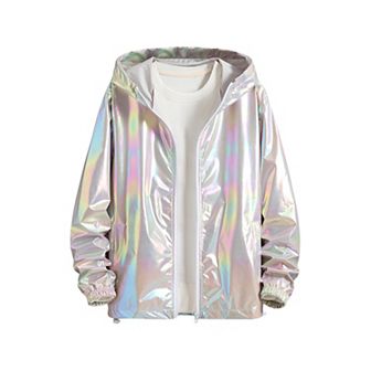 Jacket for Men Zip up Hooded Metallic Lightweight Holographic Shiny Jackets