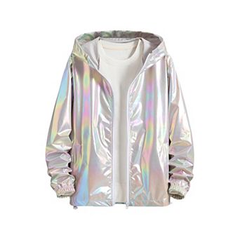 Jacket for Men Zip up Hooded Metallic Lightweight Holographic Shiny Jackets