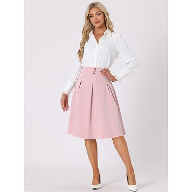 Pleated Midi Skirt for Women's Button Decor High Waist Casual Office Swing Skirts