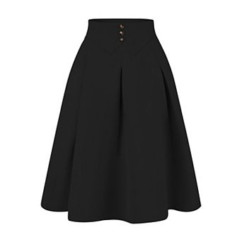 Pleated Midi Skirt for Women's Button Decor High Waist Casual Office Swing Skirts