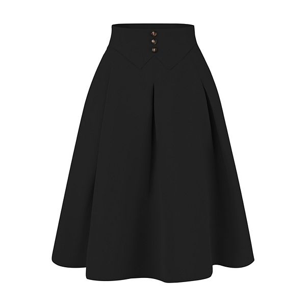 Pleated Midi Skirt for Women s Button Decor High Waist Casual Office Swing Skirts