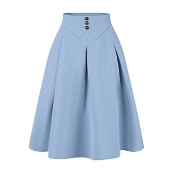Pleated Midi Skirt for Women's Button Decor High Waist Casual Office Swing Skirts