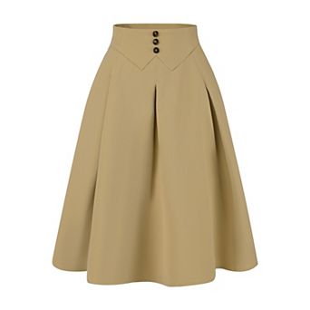 Pleated Midi Skirt for Women's Button Decor High Waist Casual Office Swing Skirts