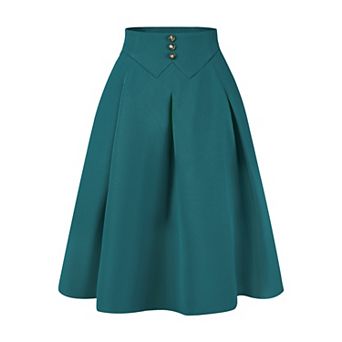 Pleated Midi Skirt for Women's Button Decor High Waist Casual Office Swing Skirts