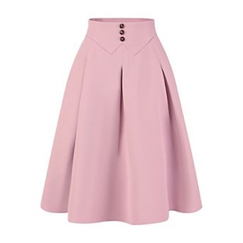 Pleated Midi Skirt for Women's Button Decor High Waist Casual Office Swing Skirts