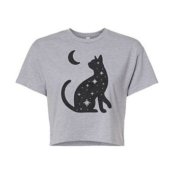 Juniors' Celestial Cat Cropped Graphic Tee