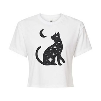 Juniors' Celestial Cat Cropped Graphic Tee