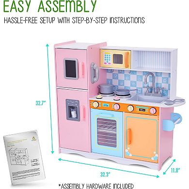 Lil' Jumbl Colorful Kids Kitchen Set, Toddlers Pretend Wooden Kitchen ...